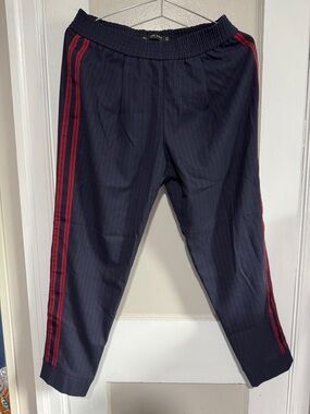 Zara Basic Navy Pinstripe Joggers with Red Side Stripes